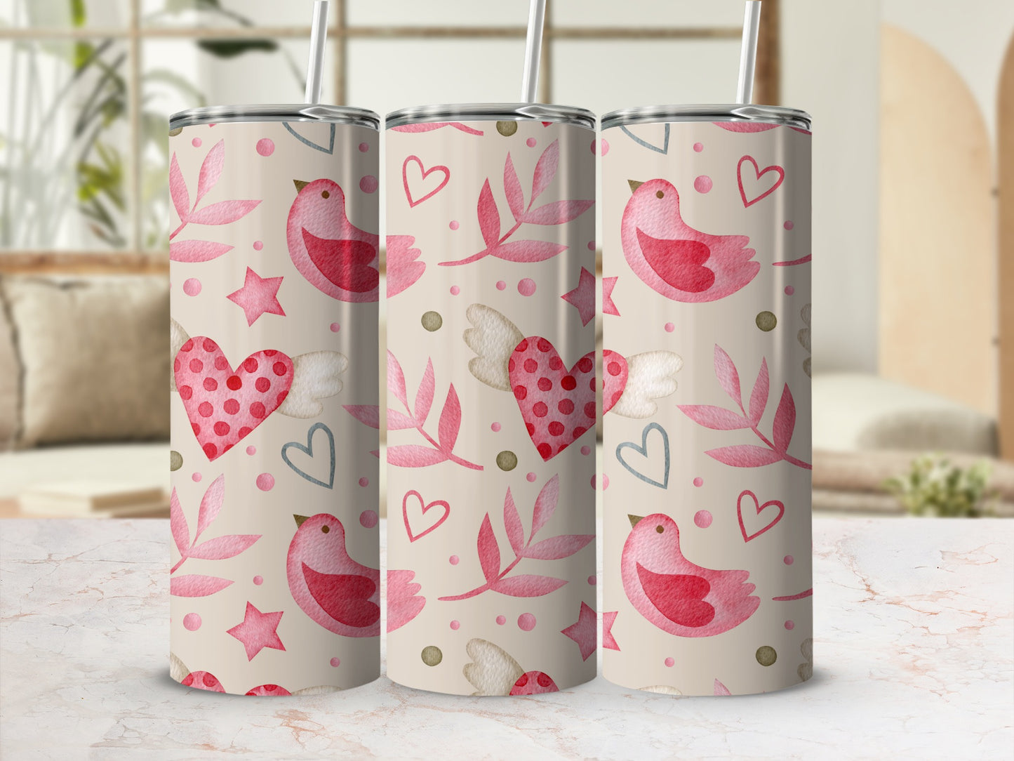 Cute Birds and Hearts Pink Floral Travel Mug