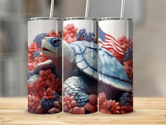 Sea turtle with American flag and floral accents on three tumblers.