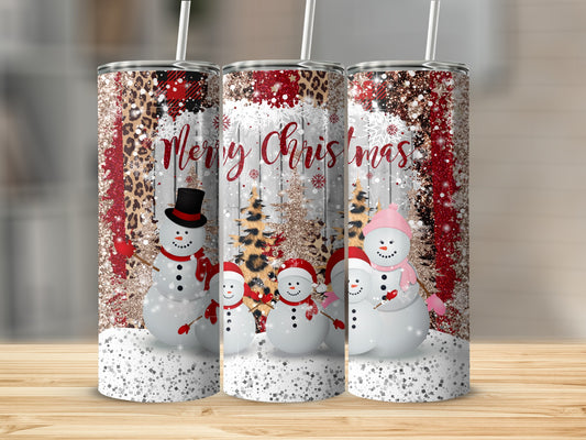 Three snowmen with Santa hats and leopard print accents on Christmas tumblers.
