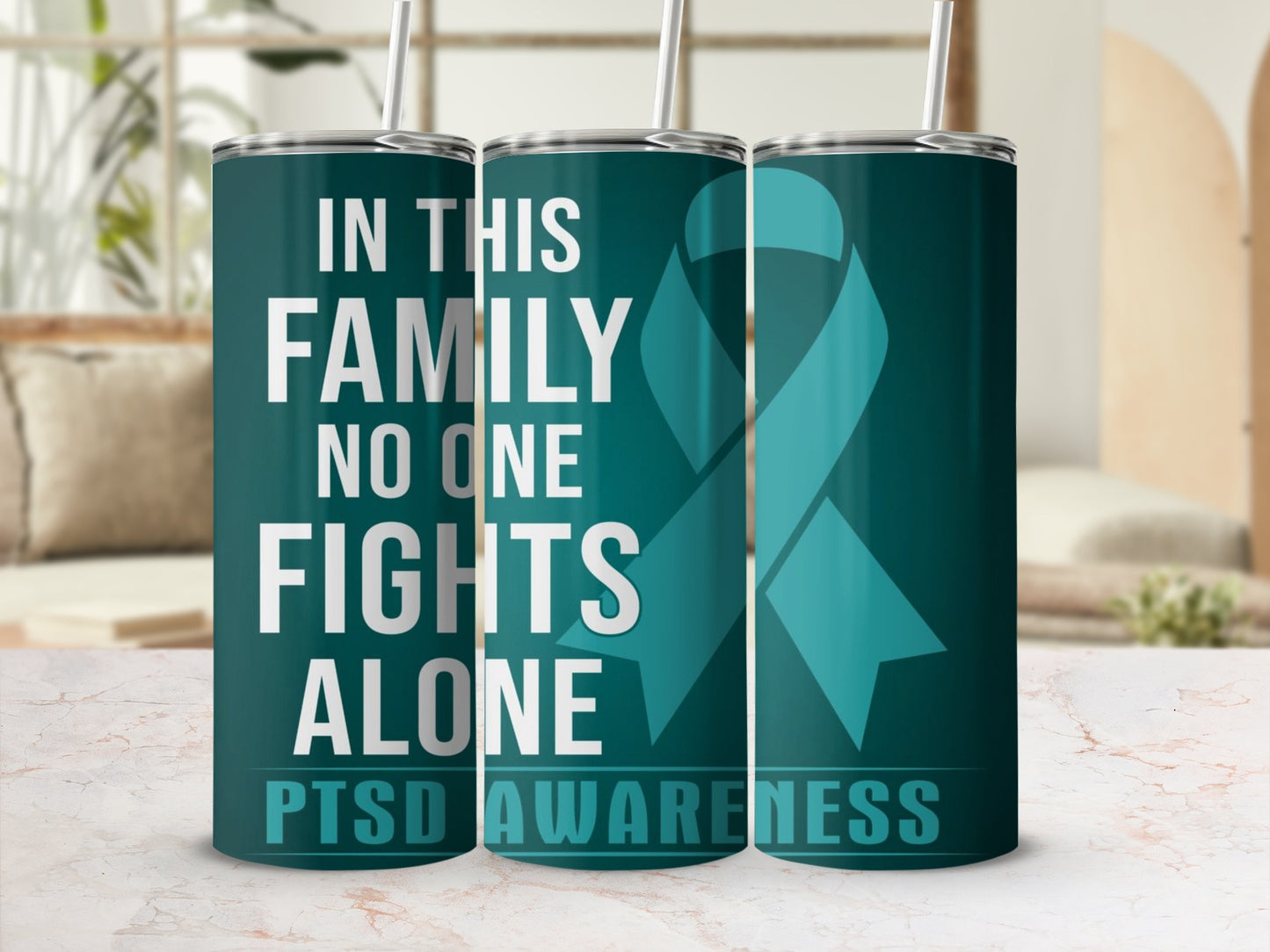 In This Family No One Fights Alone PTSD Awareness Tumbler