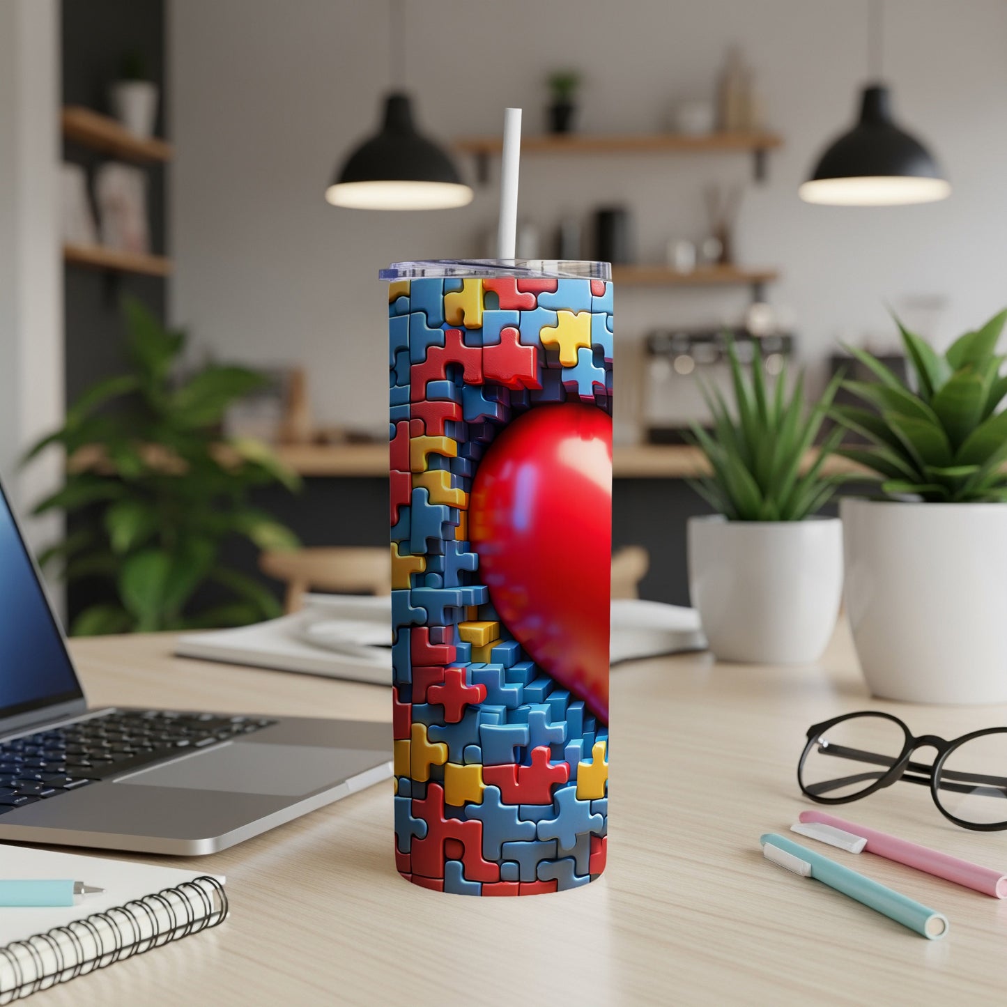 Tumbler with autism puzzle heart design on a desk.