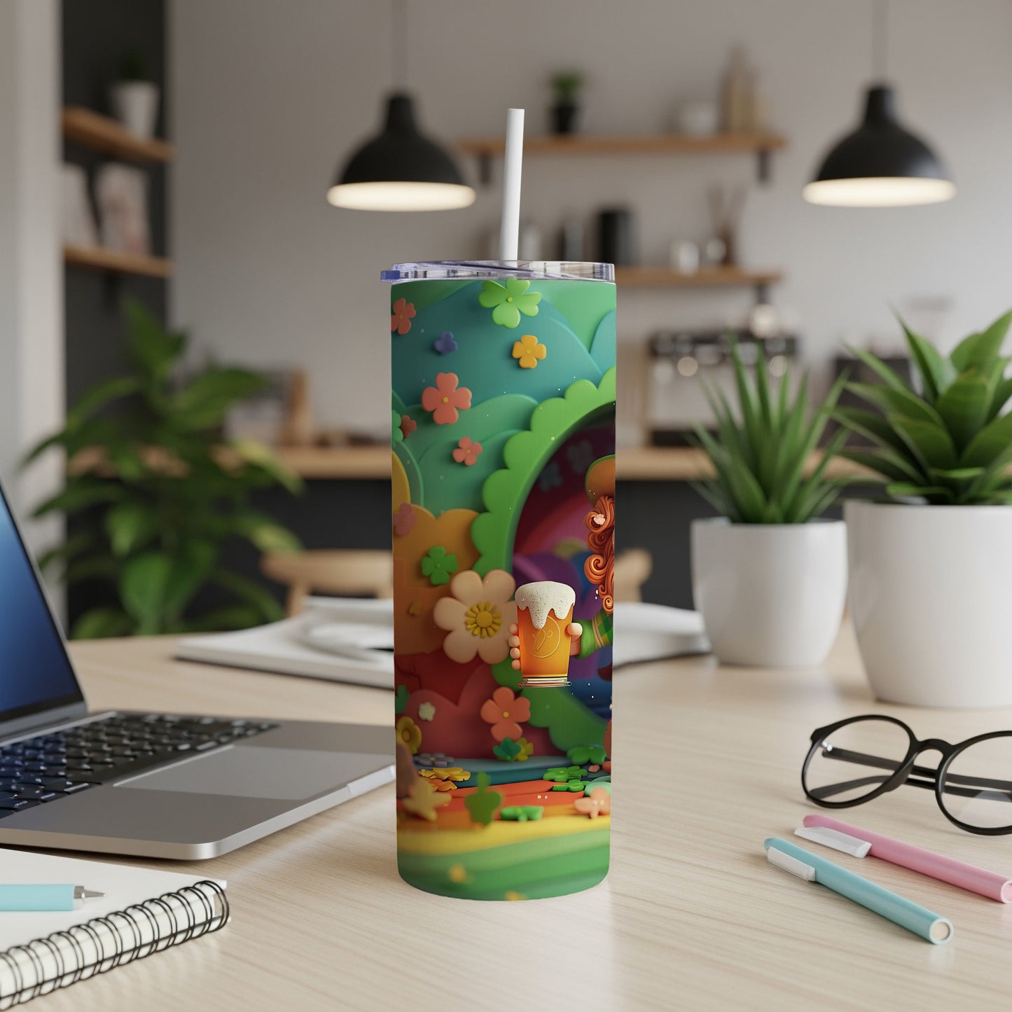 Green tumbler with psychedelic floral design and beer mug character.
