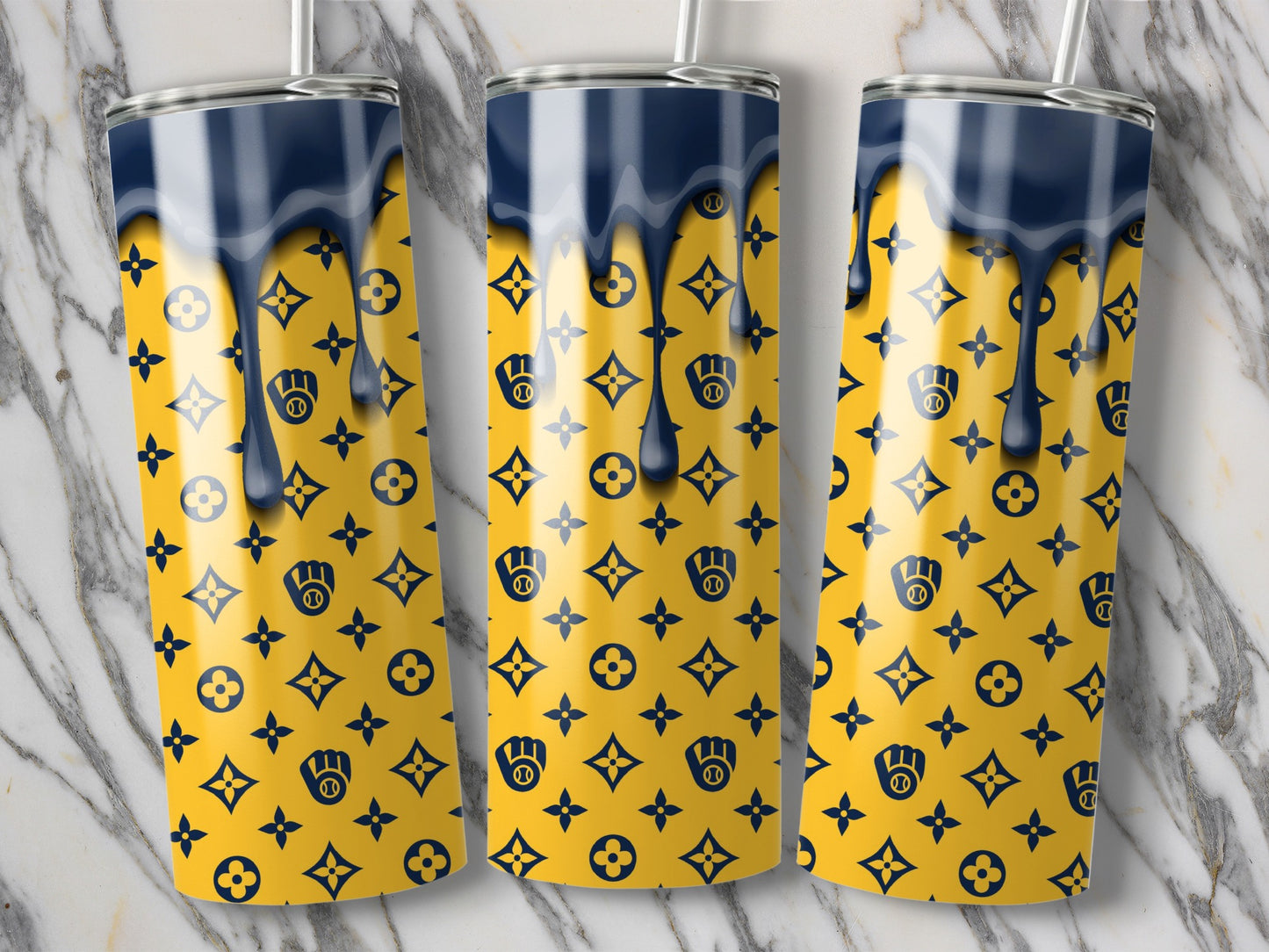 Baseball Glove Pattern With Dark Blue Drip Art Tumblers