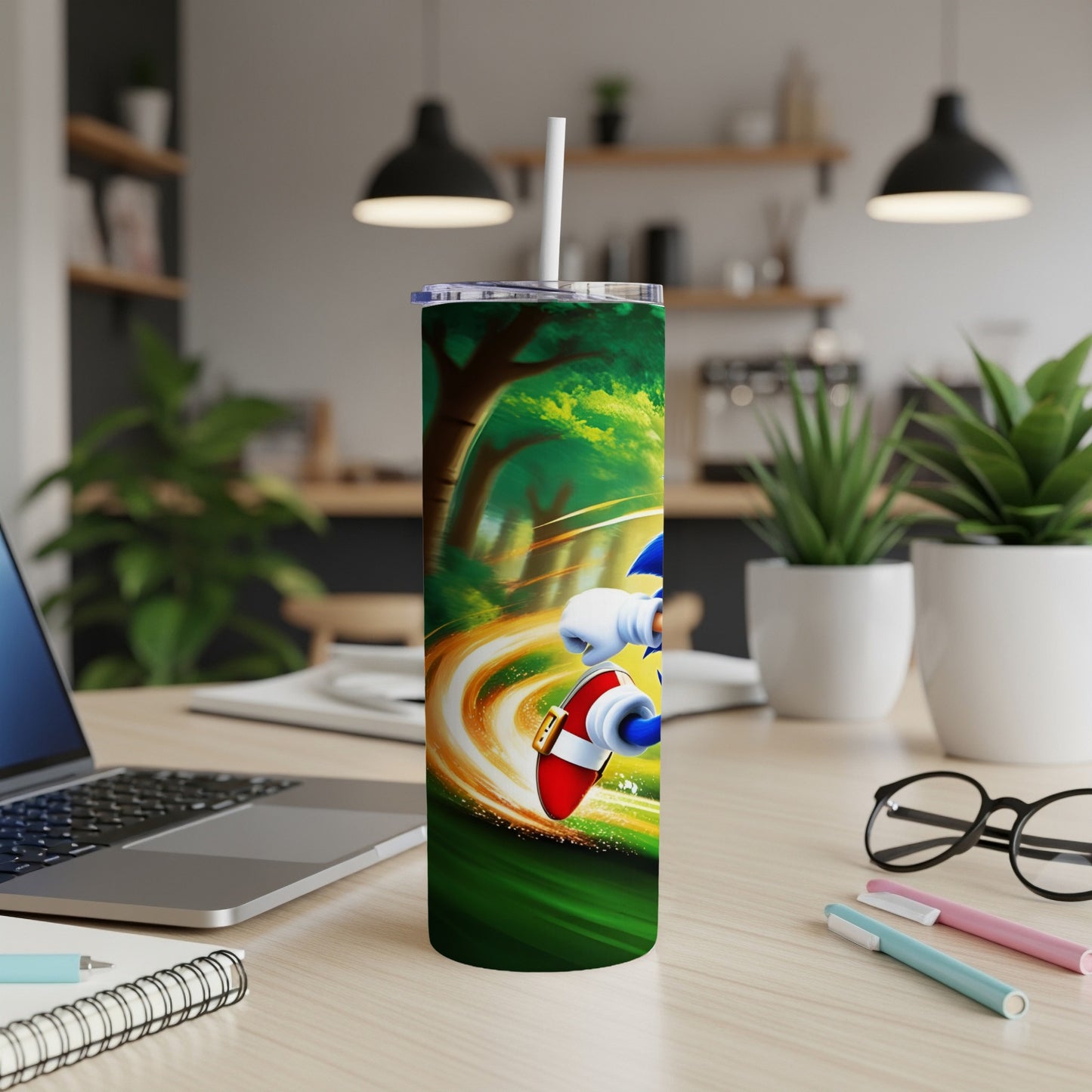 Sonic the Hedgehog speeding through a forest on a green tumbler.