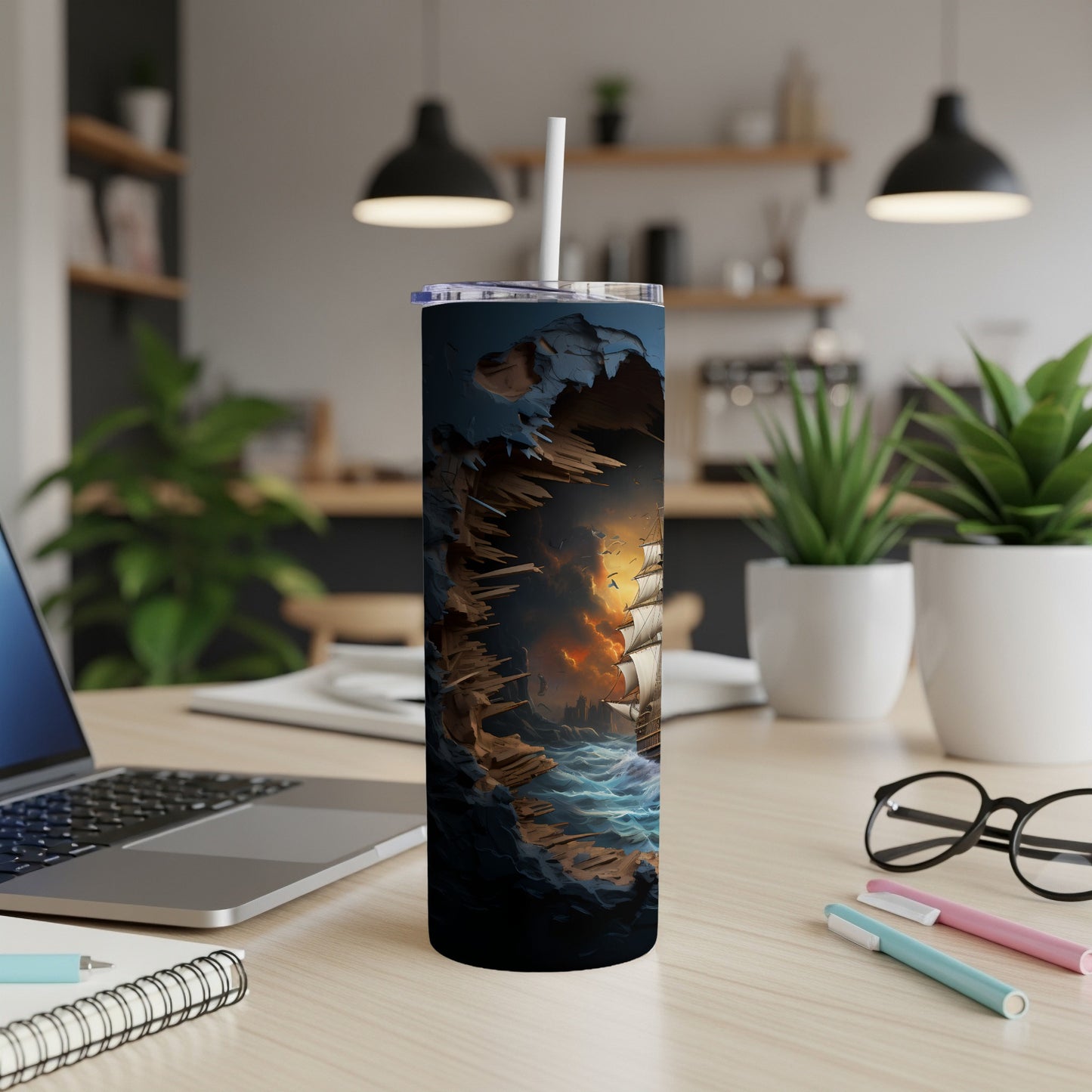 Tall tumbler with a sailing ship in a stormy sea scene.