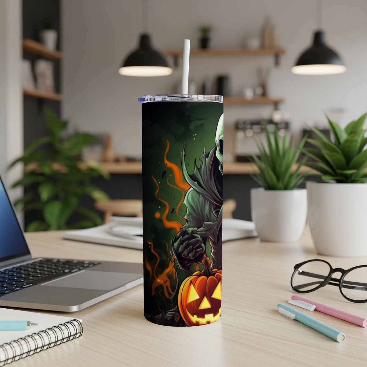 Tumbler with Grim Reaper and Jack-o'-lantern Halloween design.