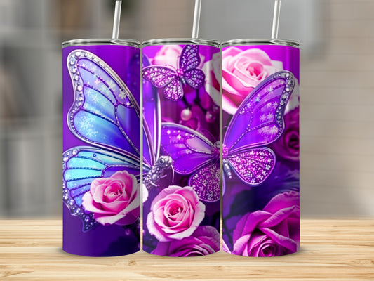 Purple tumbler with butterflies and pink roses.