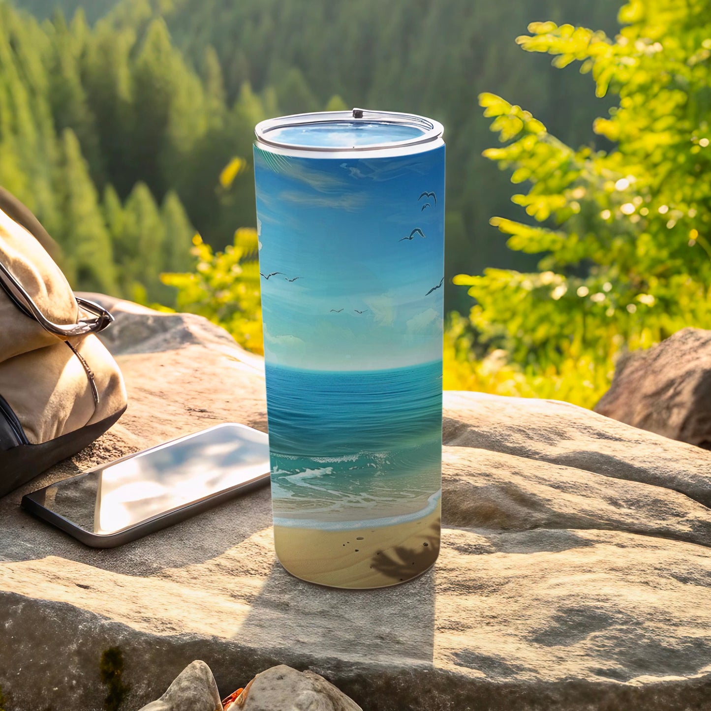 Tumbler with beach scene: ocean, sand, and birds under a blue sky.