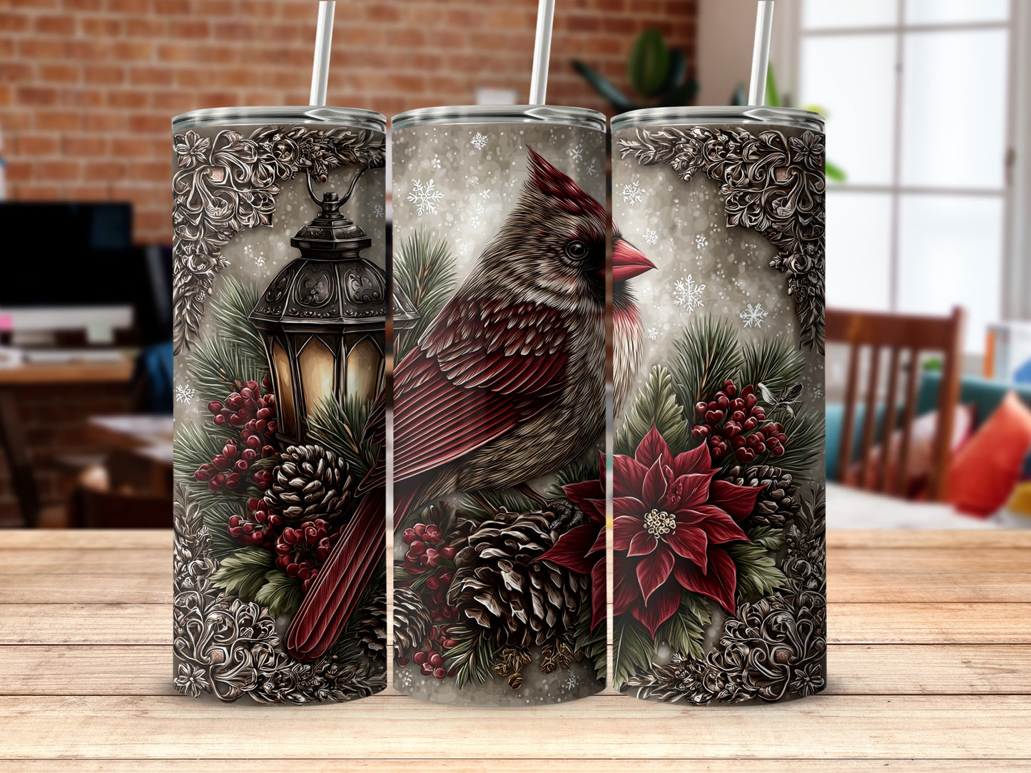 Christmas Cardinal and Poinsettia Travel Mug