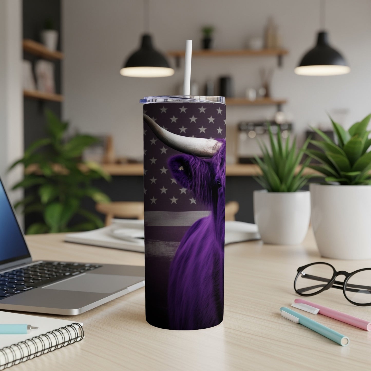 Purple Highland cow with American flag design on a tumbler.