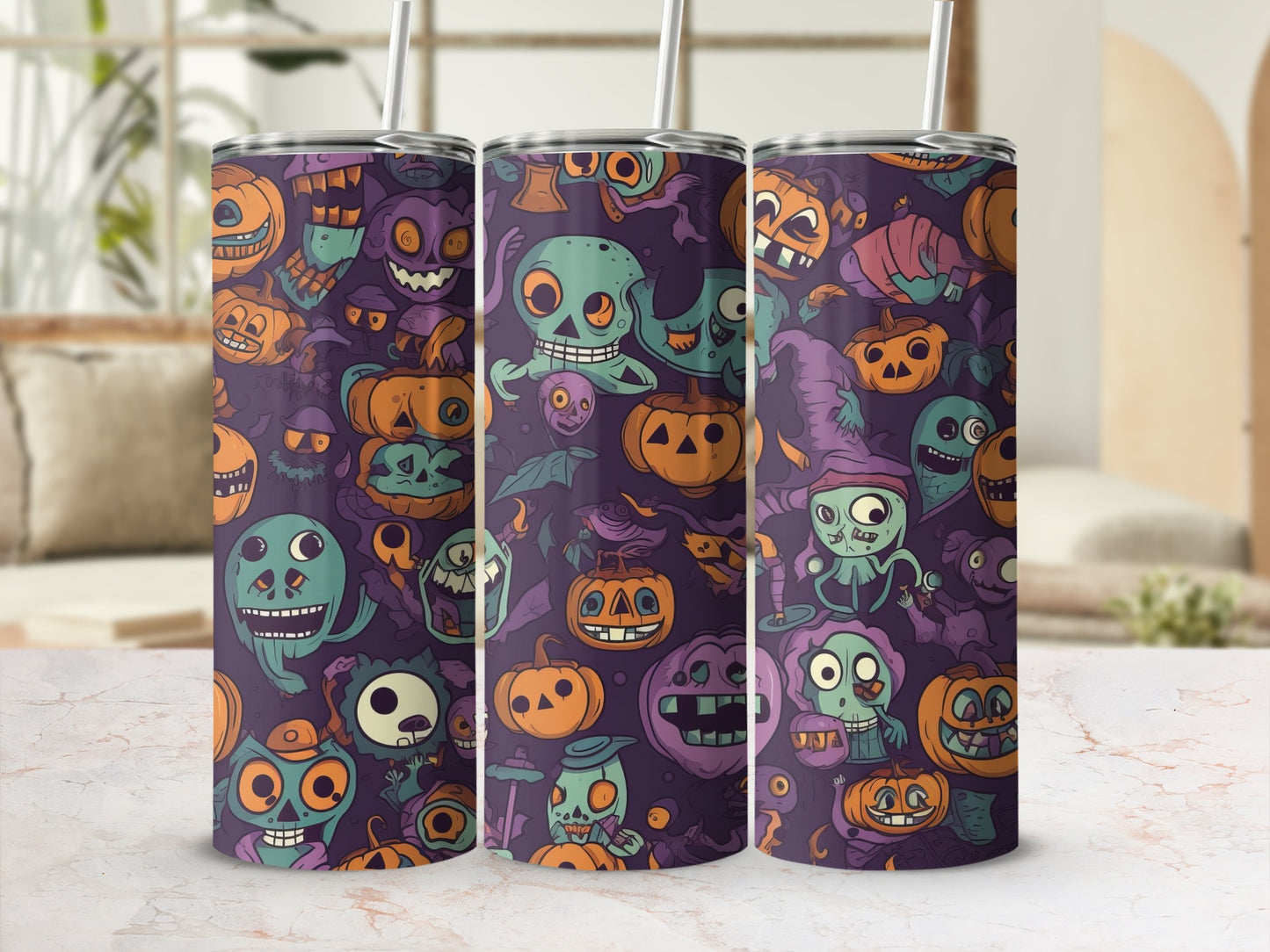 Halloween-themed Tumbler with Spooky Cartoon Designs