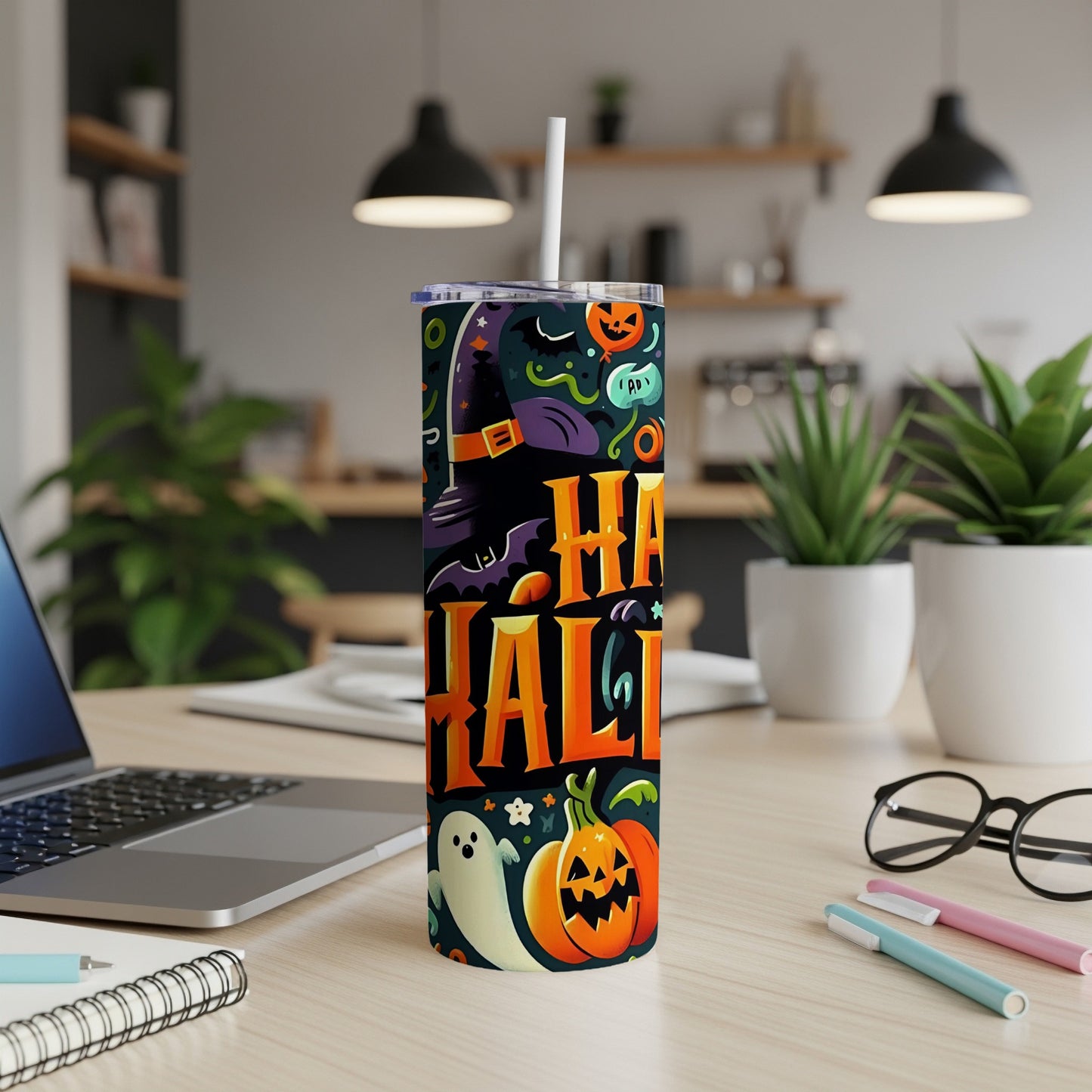 Tall tumbler with Halloween theme: witch hat, bats, ghost, pumpkin, and "Happy Halloween" text.