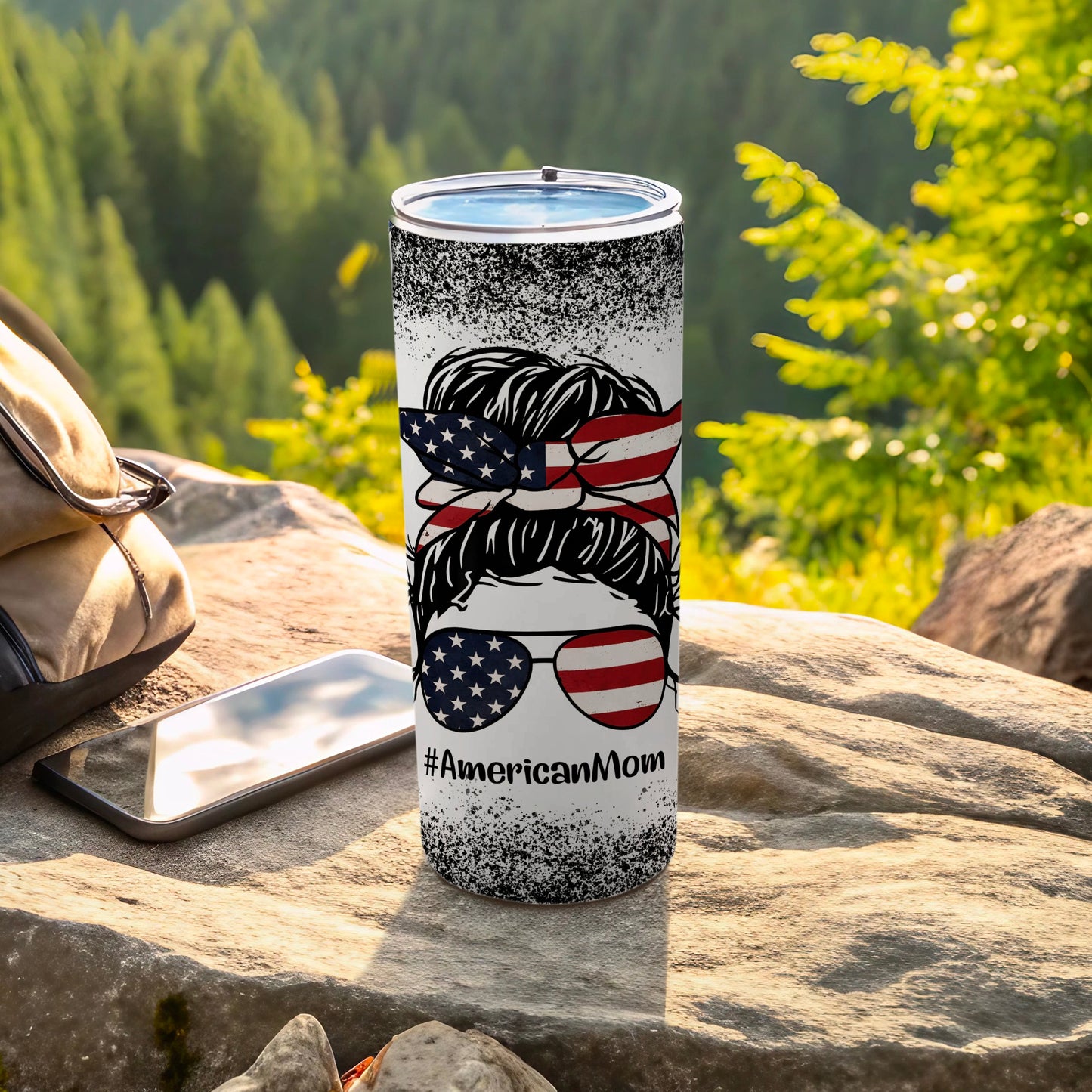 Tumbler with #AmericanMom and American flag bandana graphic.