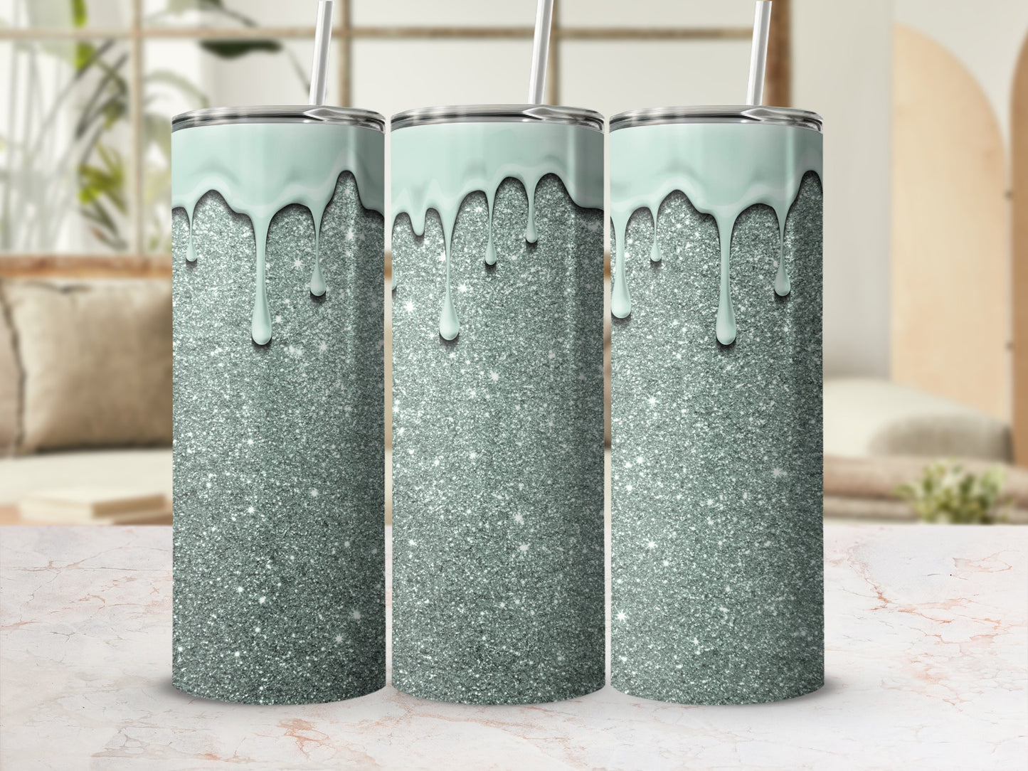 Glittery Mint Drip Tumbler with Stainless Steel Straw