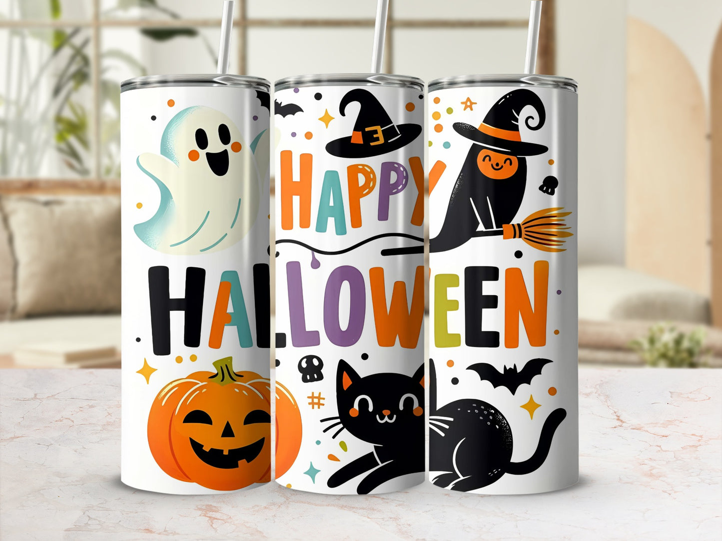 Colorful Halloween Ghost Pumpkin Cat Witch Tumbler