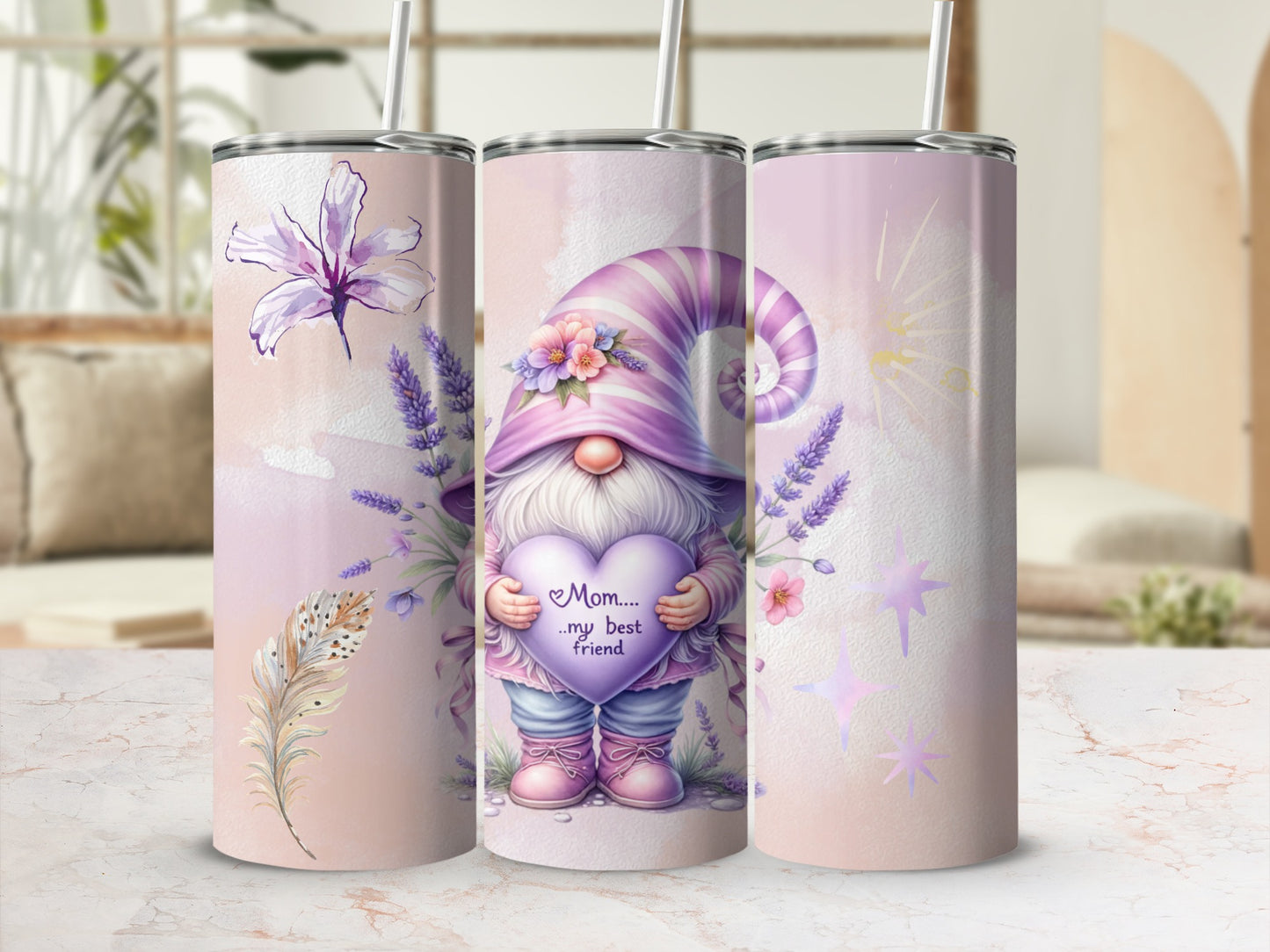 Cute Gnome with Lavender and Lilies Design Tumbler