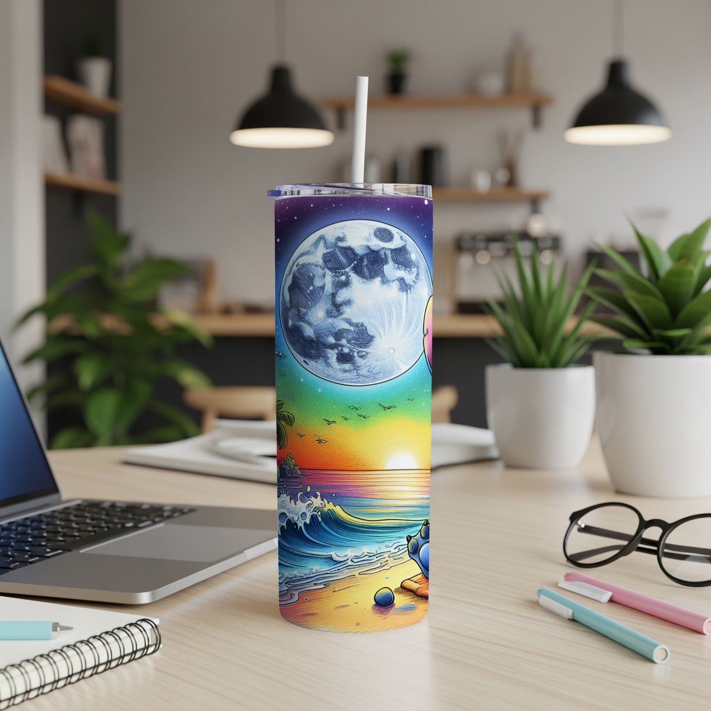 Beach sunset design on a white tumbler with a straw.