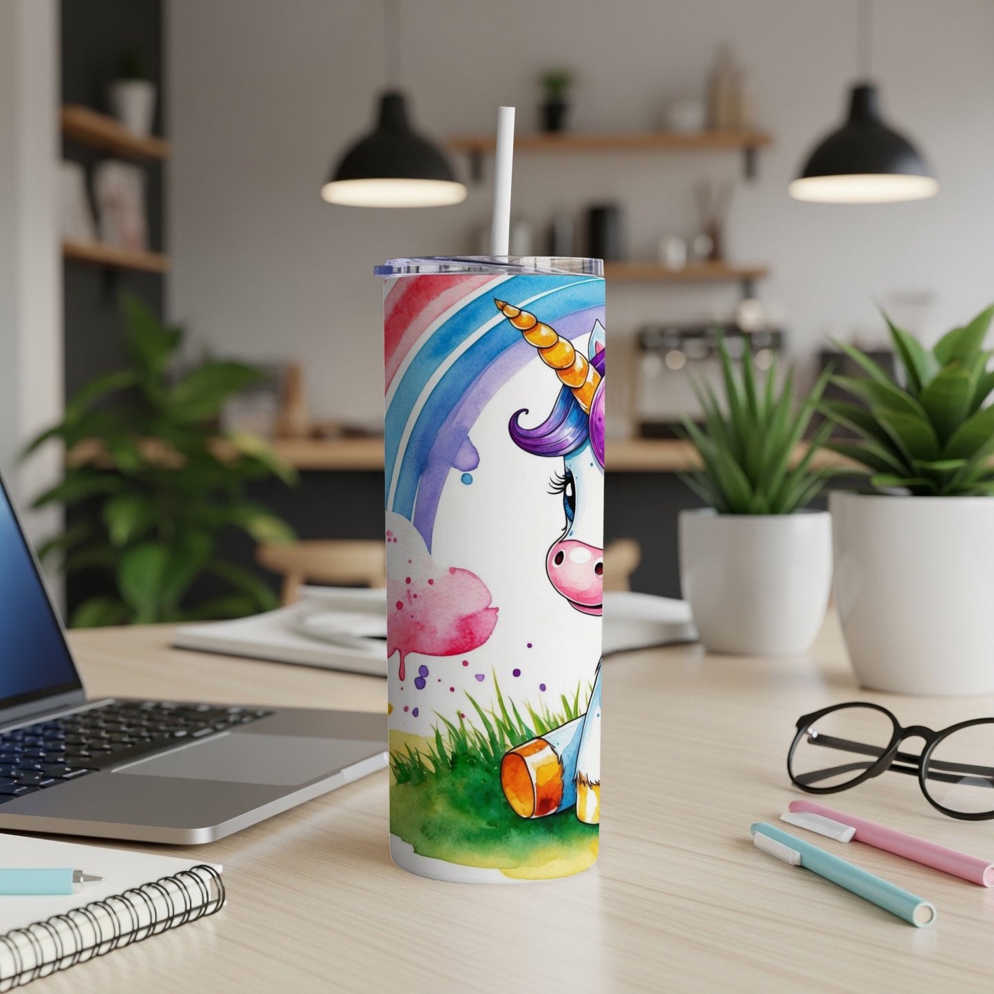 White tumbler with cartoon unicorn and rainbow, sitting on grassy ground.