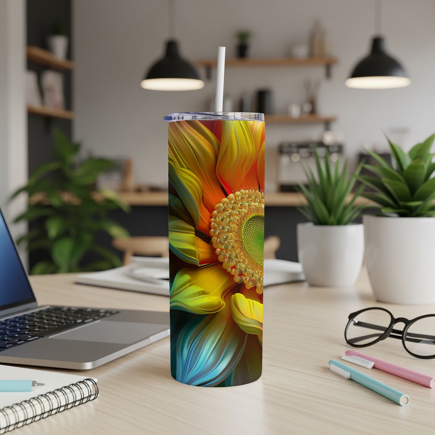 Tall tumbler with colorful sunflower design on desk with laptop.