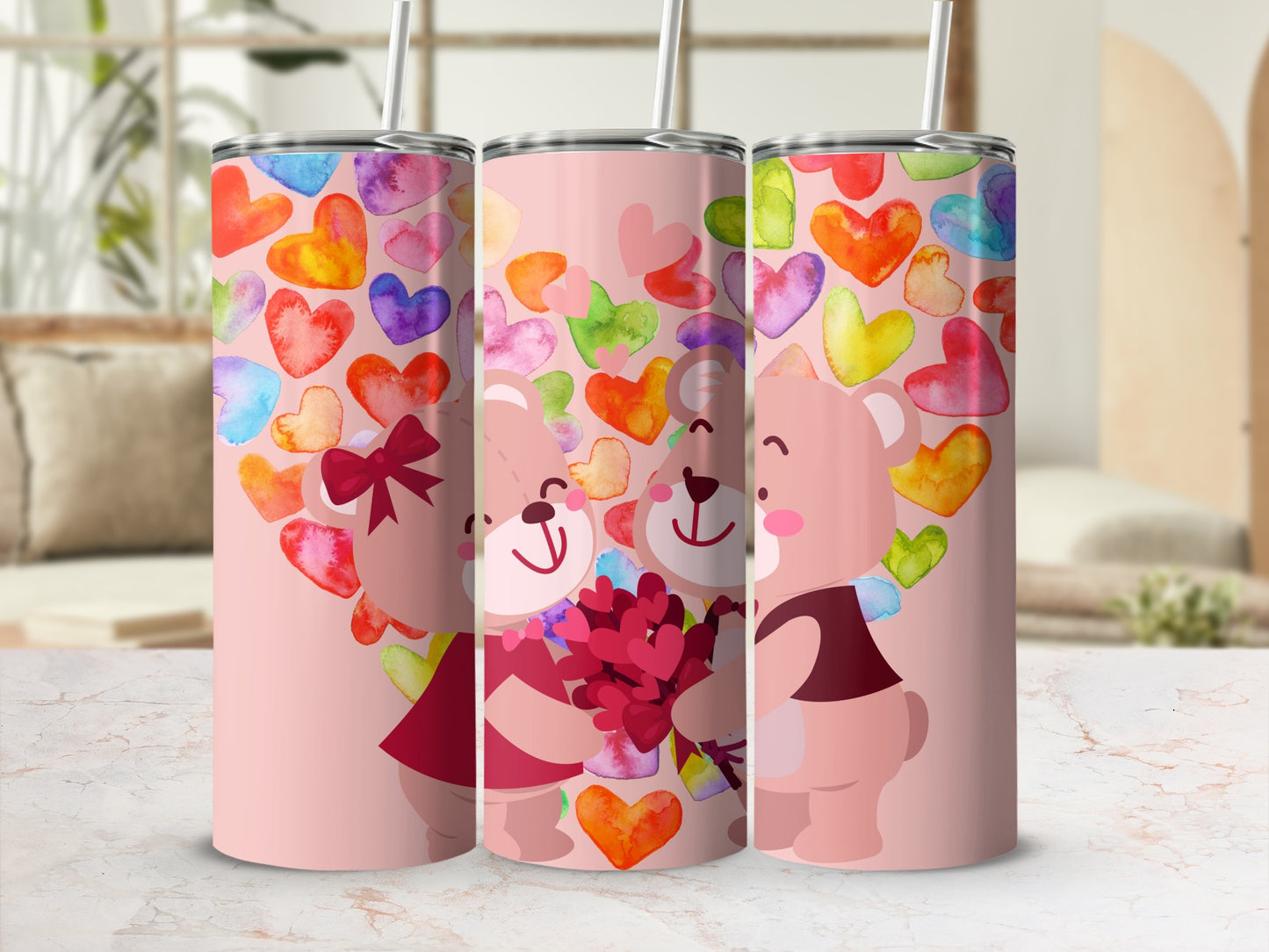 Colorful Bear Couple Hearts Design Tumbler