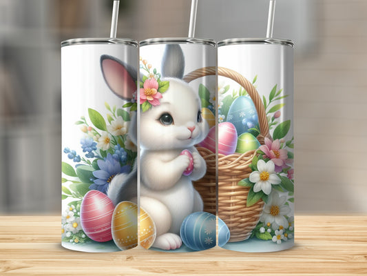 Easter bunny with basket of painted eggs and flowers.