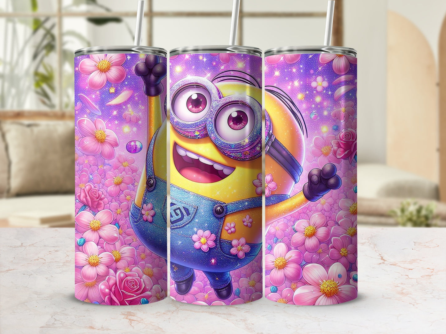 Cute Minion with Colorful Flowers Tumbler Design
