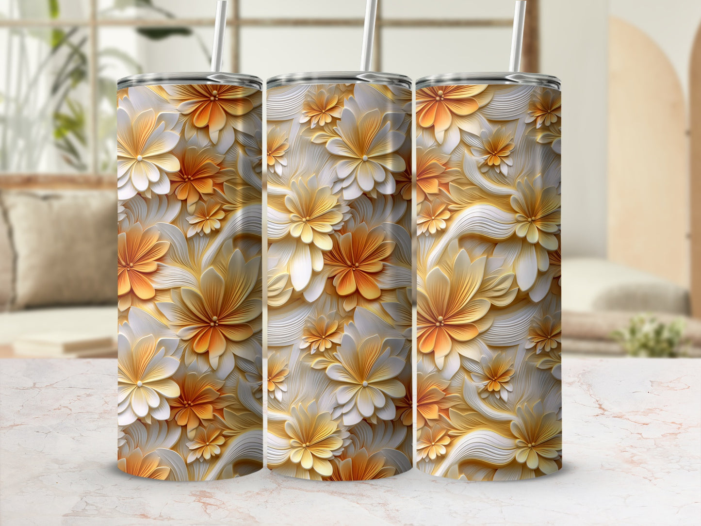 Elegant Floral Pattern Metallic Drink Tumbler