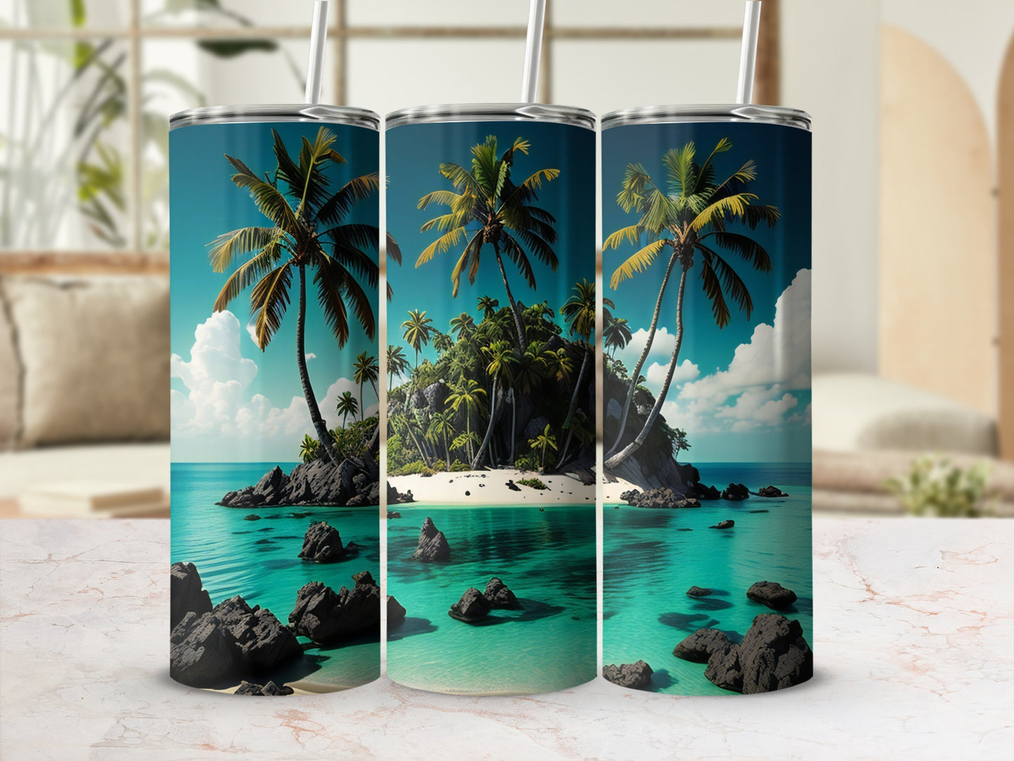 Tropical Island Paradise Tumbler with Palm Trees Print