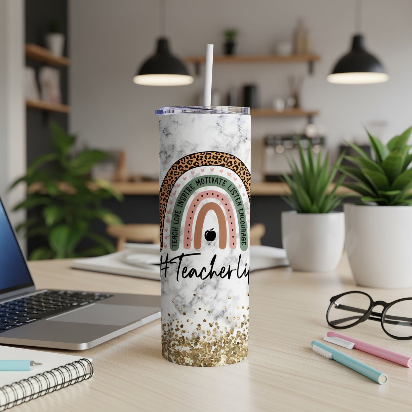 Marble tumbler with rainbow and gold glitter, reading "#TeacherLife".