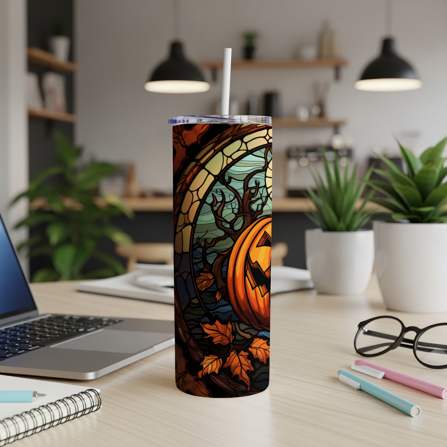 Tall tumbler with Halloween pumpkin and autumn leaves stained glass design.