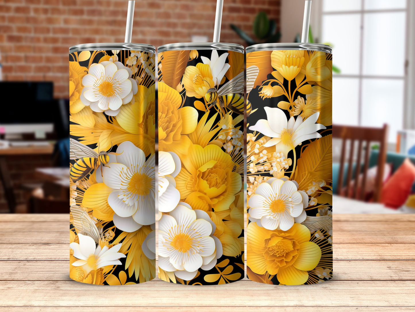 Vibrant Yellow and White Floral Tumbler