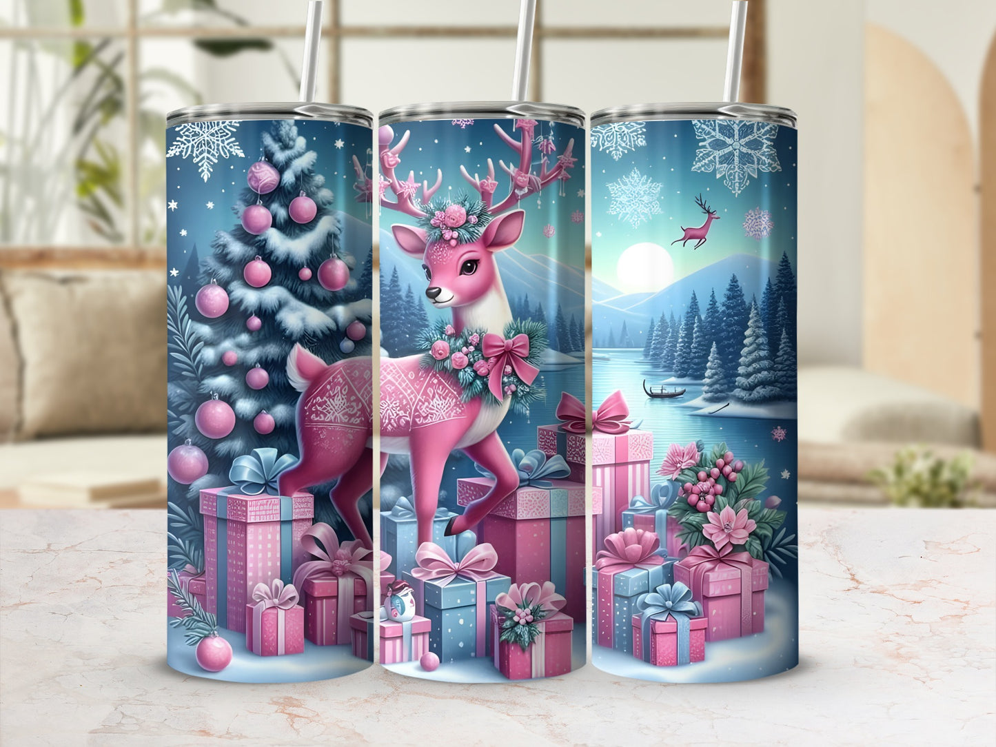Pink Reindeer Christmas and Festive Theme Tumbler