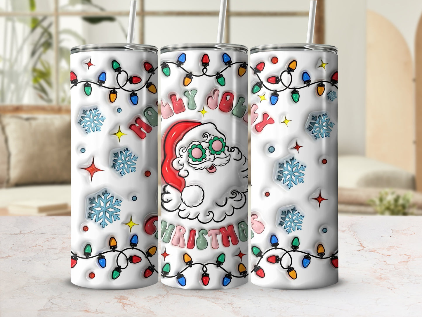 Holly Jolly Santa Christmas Lights Tumbler Cup