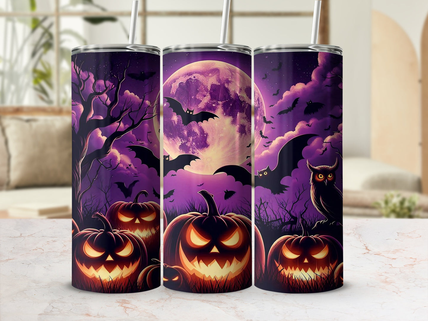 Spooky Halloween Night Tumbler with Pumpkins Owls Bats