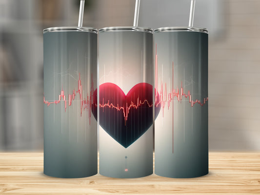 Tumbler with a red heart and heartbeat graphic.