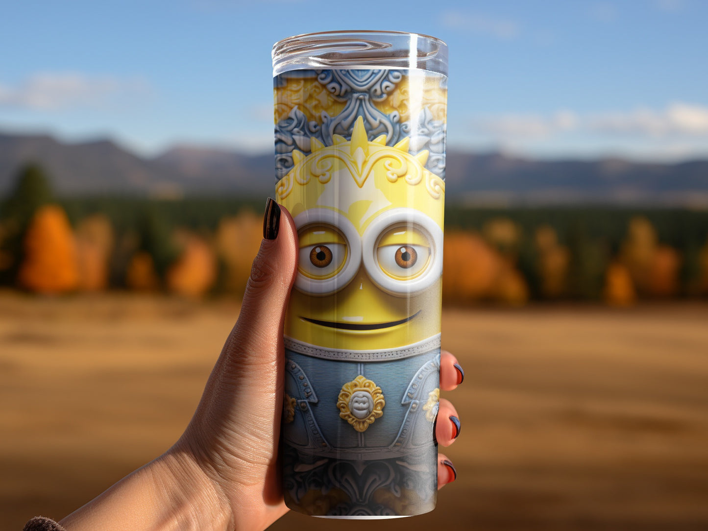 Cute Yellow Character Cup with Scenic Background