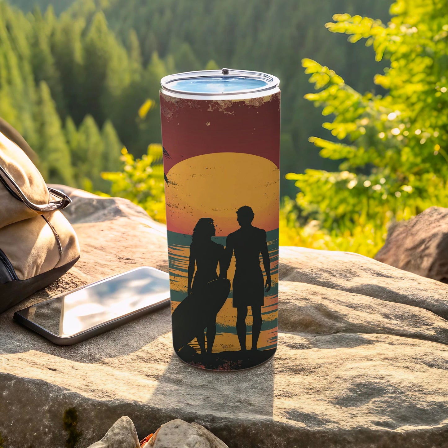 Tumbler with couple holding hands at sunset, holding surfboard.