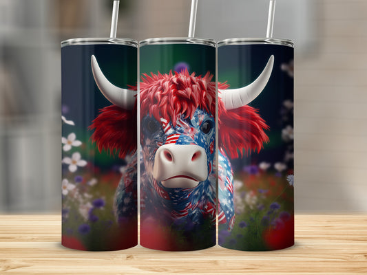 Tumbler with Highland cow design featuring American flag pattern.