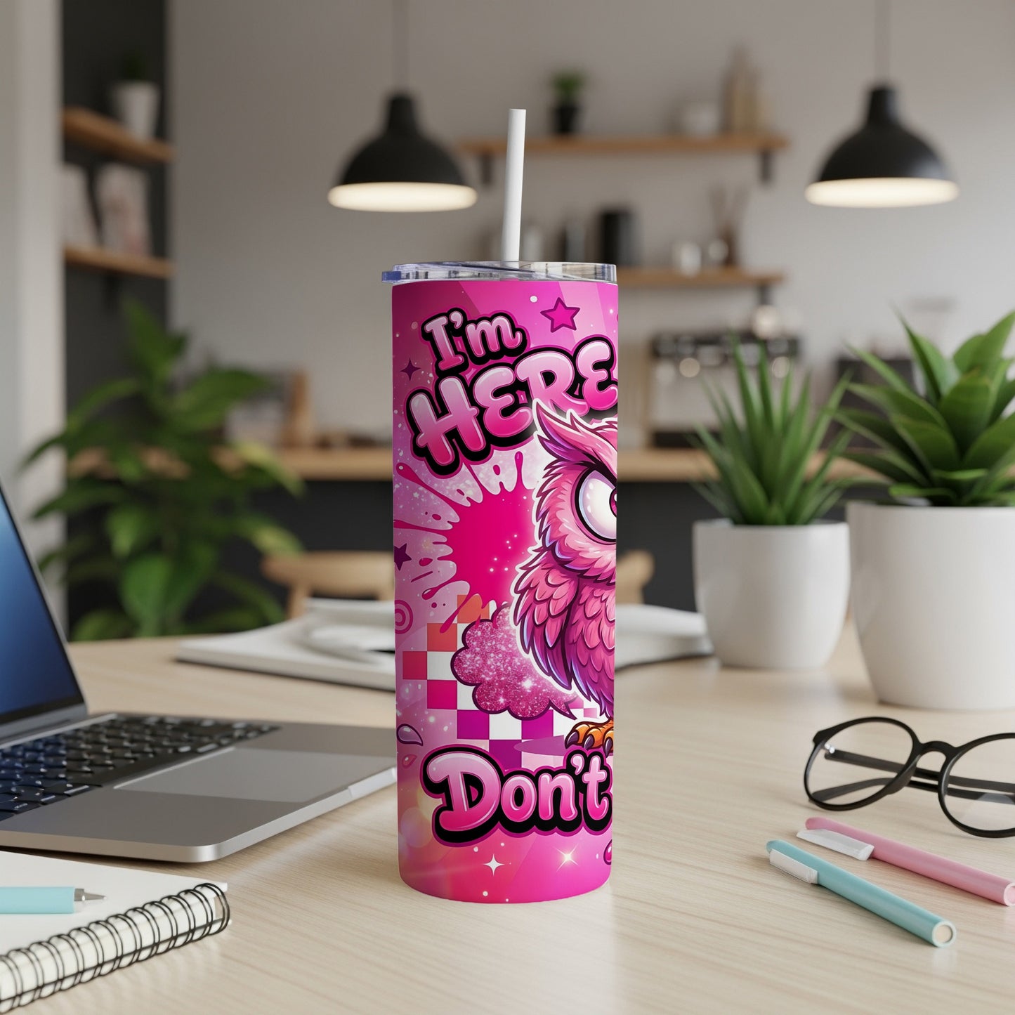 Pink owl illustration on a tumbler with "I'm HERE Don't" text.