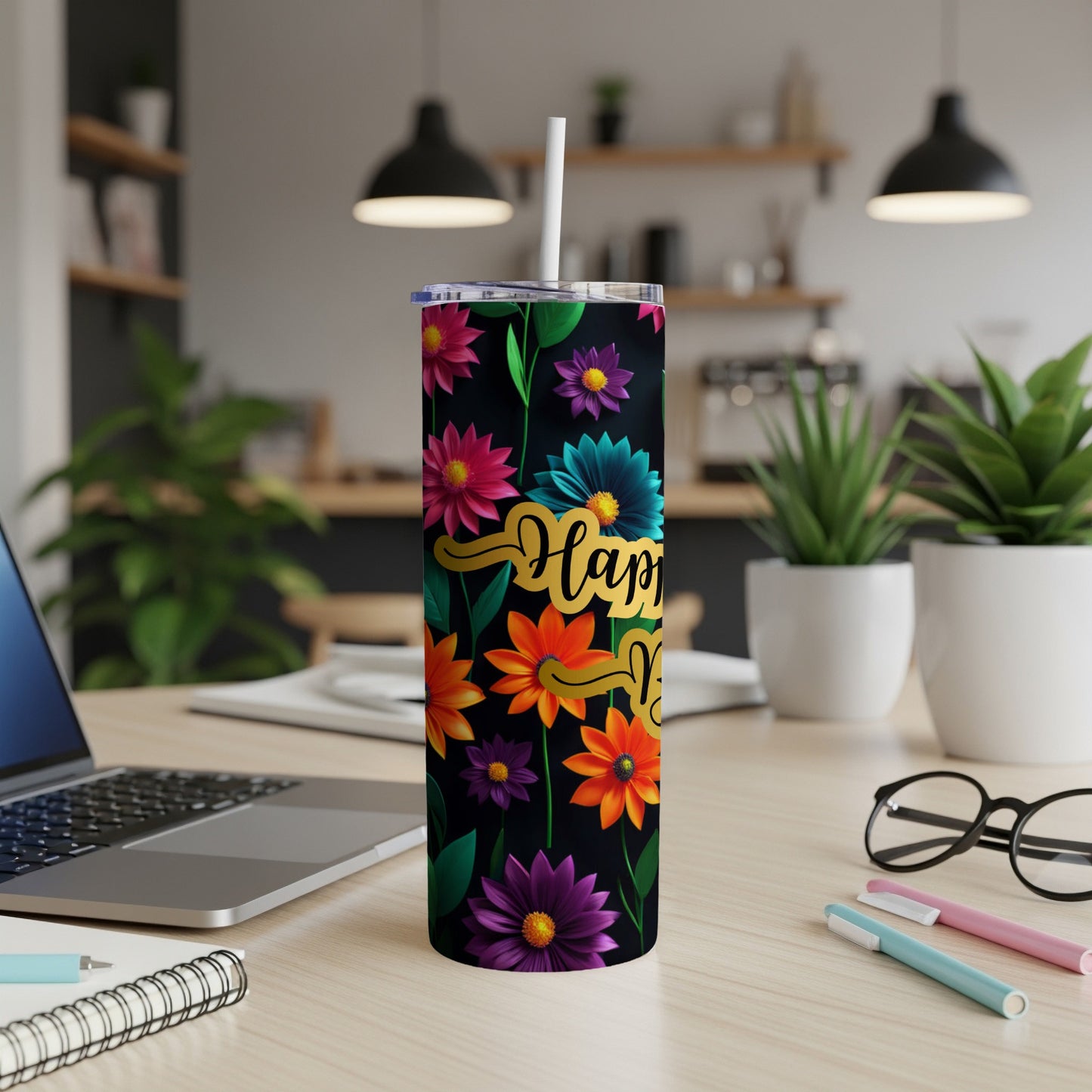 Black tumbler with colorful floral pattern and "Happy Mother's Day" text.