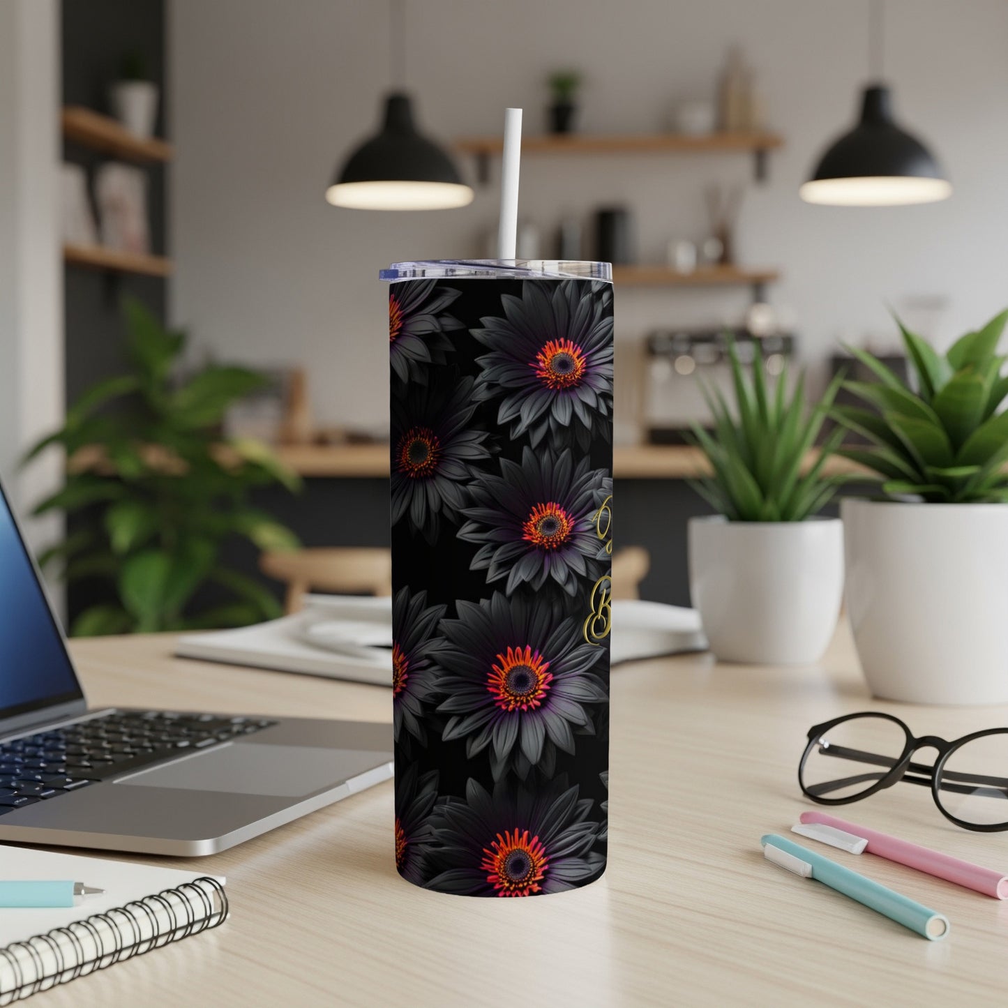 Black tumbler with dark floral design and "60" text.