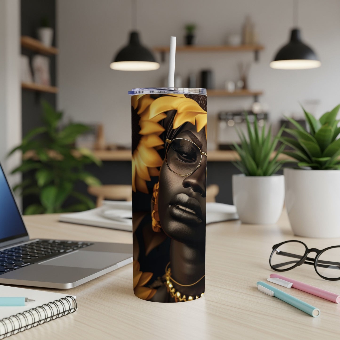 Woman with golden floral headdress and glasses on a tumbler.