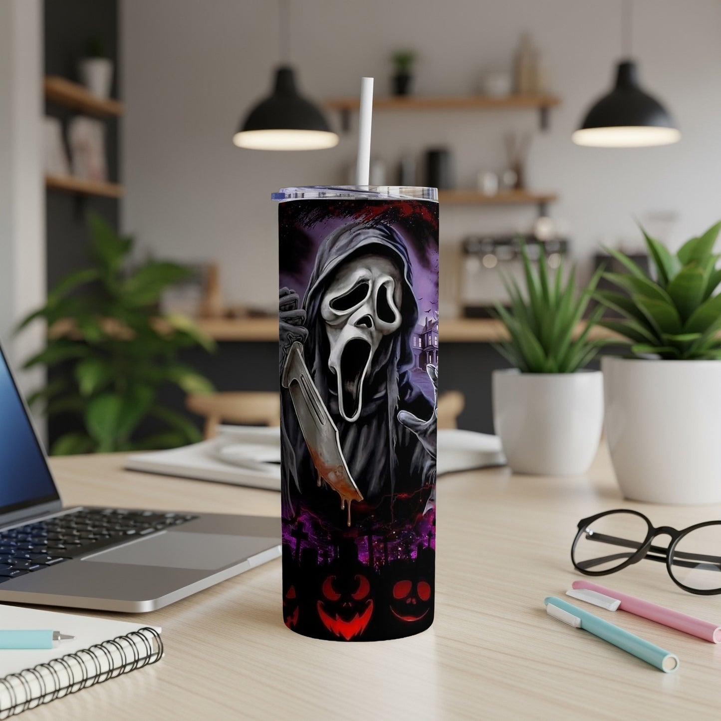 Ghostface killer with knife on tumbler cup, Halloween theme.