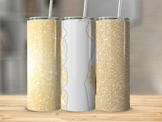 Three tall tumblers with textured patterns and a torn paper effect.