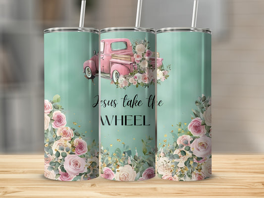 Pink truck with roses and text "Jesus take the wheel" on a teal tumbler.