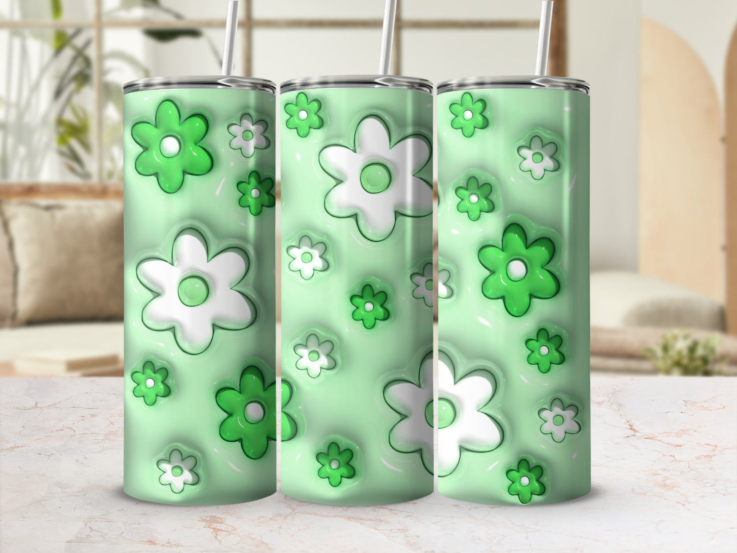 Green and White Floral Design Tumbler Cup for Beverage