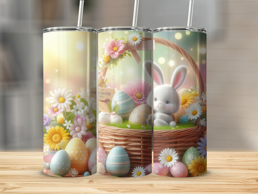 Easter bunny and decorated eggs in a basket with floral accents.