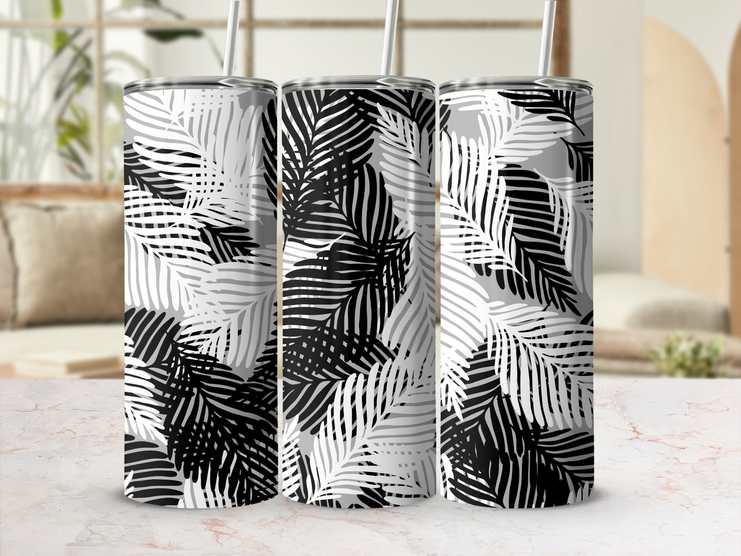 Black and White Palm Leaf Patterned Tumbler
