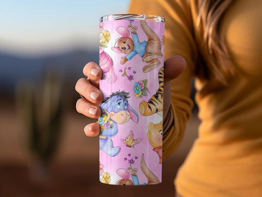 Winnie The Pooh Friends and Flowers Pattern Pink Tumblers