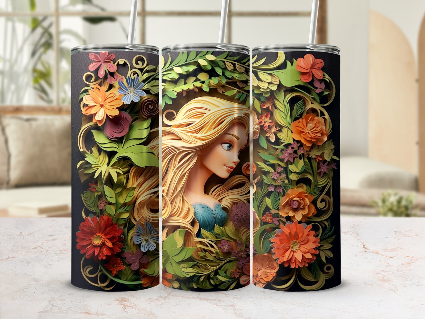 Colorful Floral and Blonde Lady Illustration Tumbler